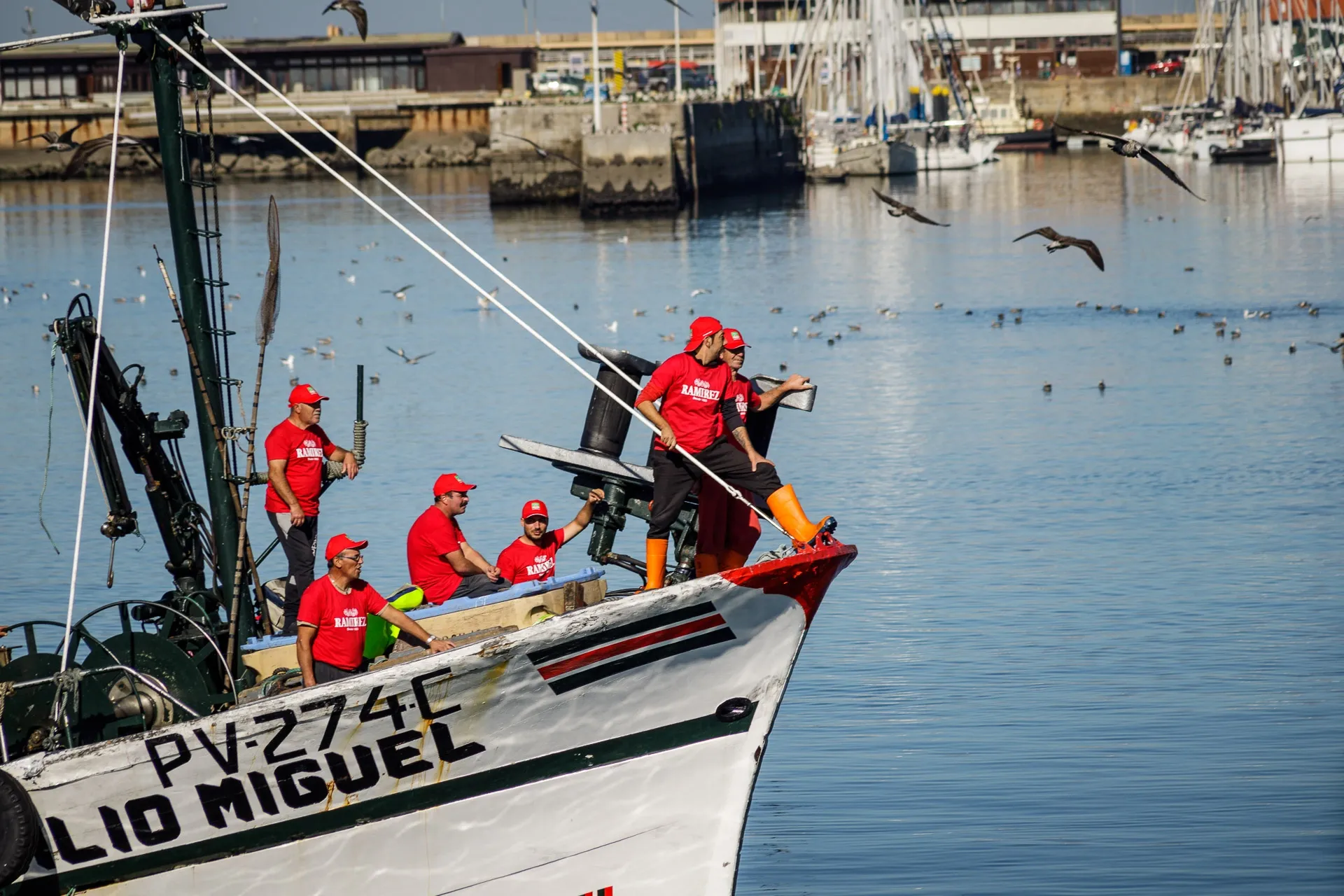 Fishing boat 'JULIO MIGUEL' with crew in red shirts and many seagulls in a harbor.
